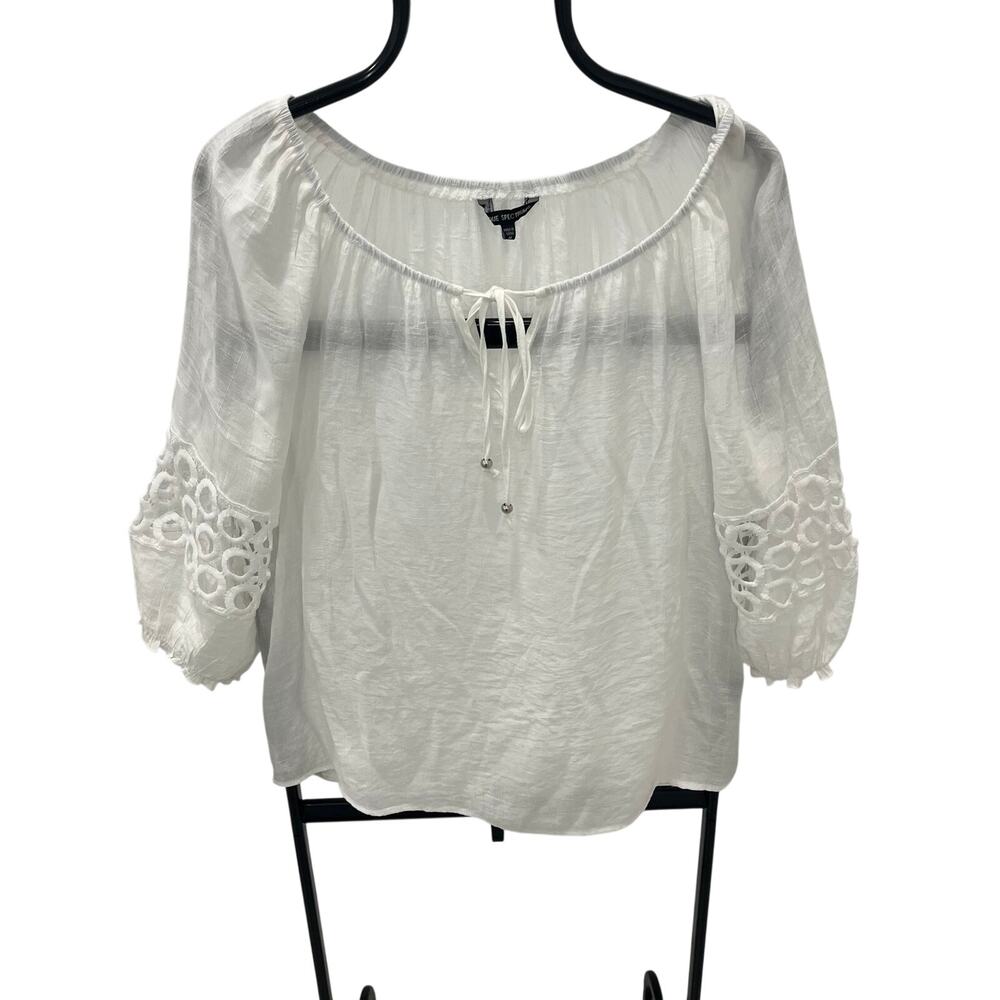 Unique Spectrum White Boho Peasant Blouse Medium Crochet Lace Sleeve Tie Neck